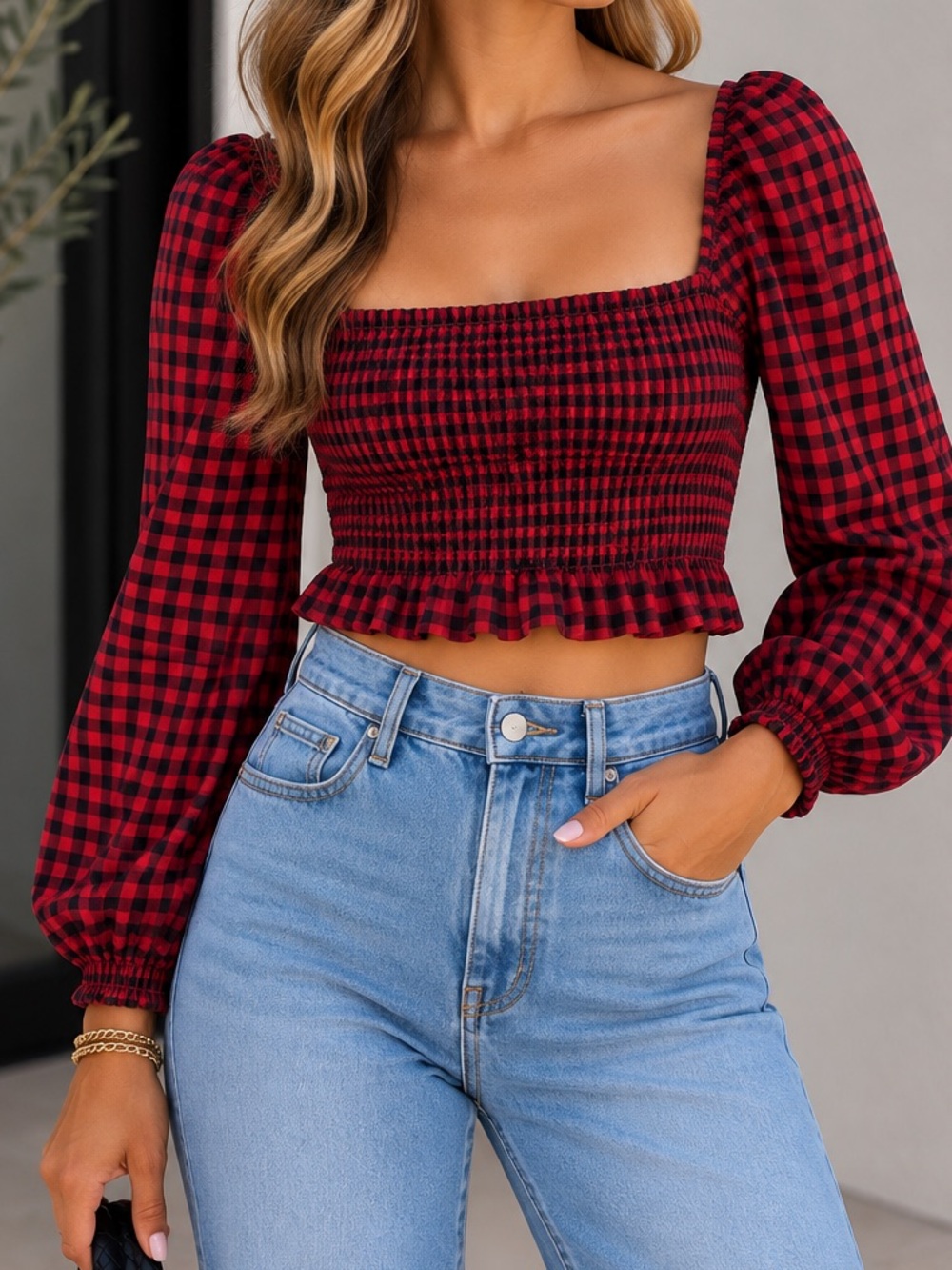 SO Red and Black Gingham Smocked Square-Neck Crop Top